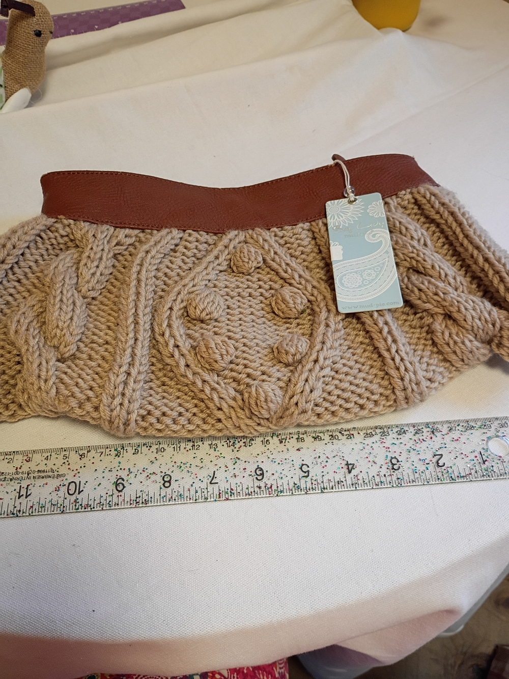 Mud Pie Beige Cable Knit Clutch with Brown Trim